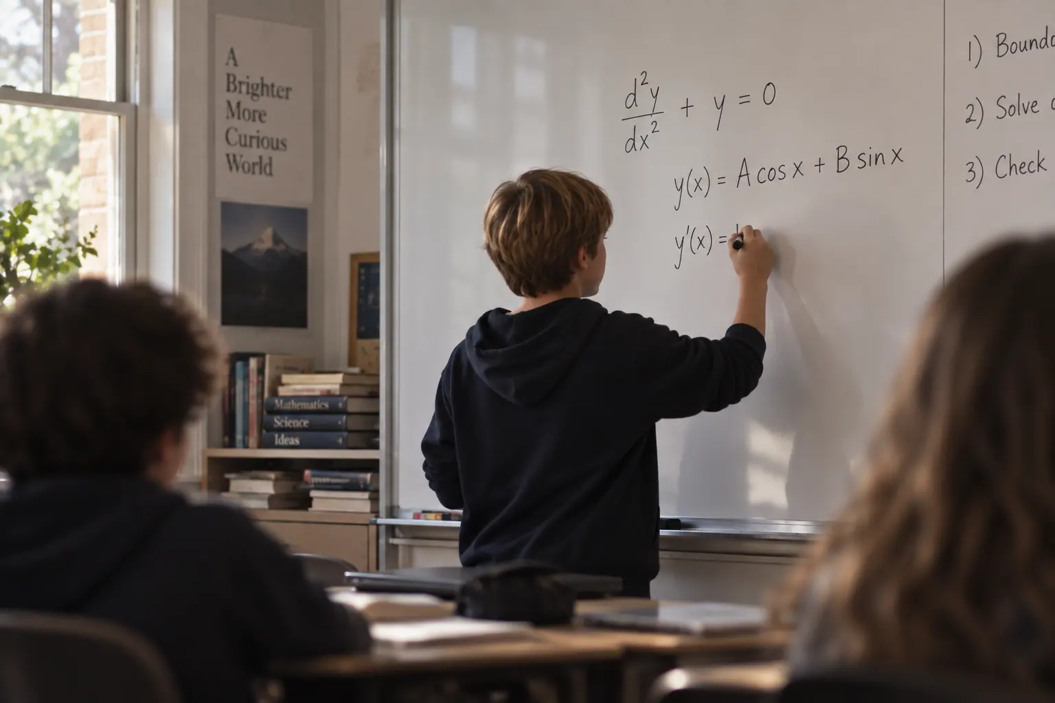 A student working through a problem at the whiteboard