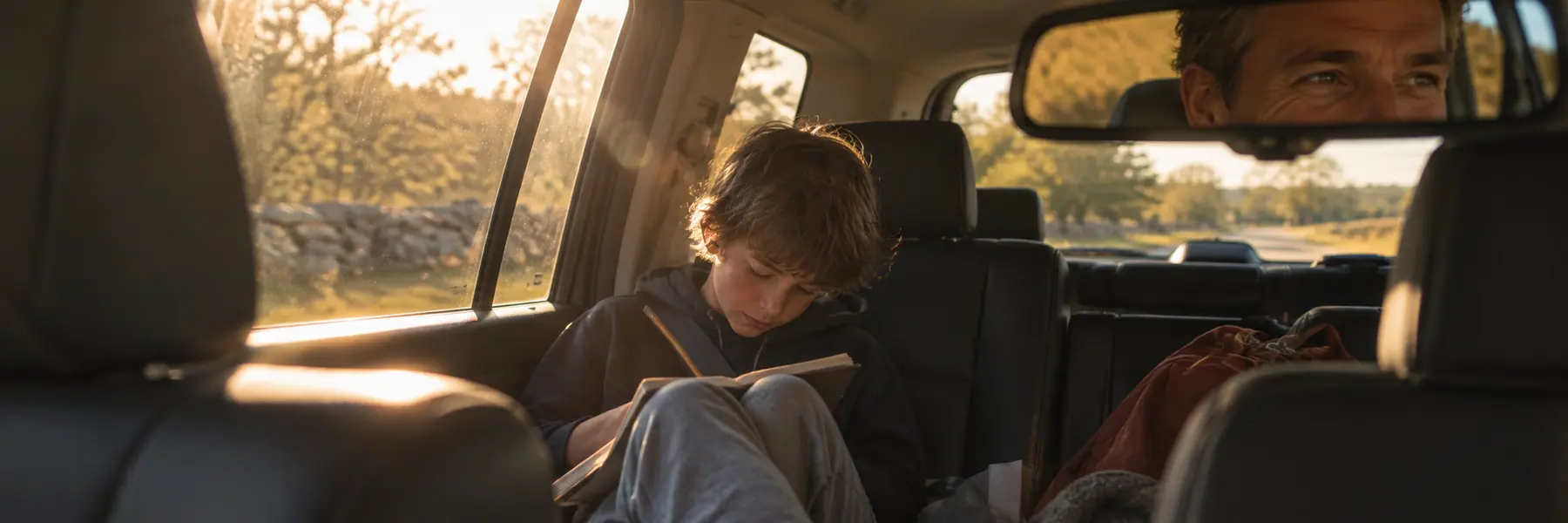 A kid doing schoolwork in the car